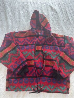 Colorful Aztec Pattern Hooded Zip Jacket - Red, Green, Purple